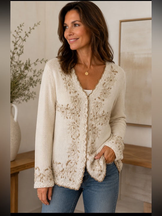 Casual Corner Sweaters - Casual Corner Cream Cardigan with Gold-Tone Embroidery